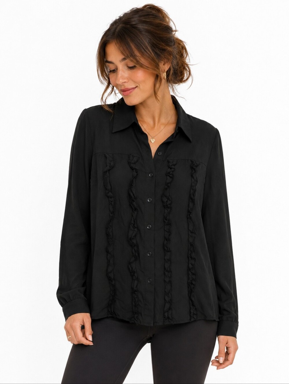 Teenflo by Maurice Tarica Black 100% Silk Ruffle Button Front Blouse Size 12
